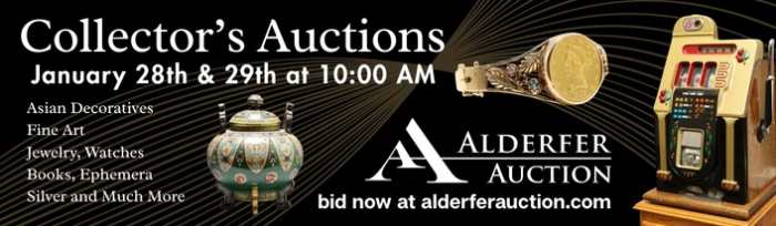 Alderfer's presents a 2-Day Collectors Auction featuring coins, bullion, jewelry/watches, medals, books, historical ephemera, furniture, rugs, Chinese, Japanese, Russian offerings alongside primitives, decorative objects, bronzes, & art. Bid now.