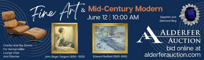 Fine jewelry, silver, furniture, rugs, historical items, and artwork by Edward Willis Redfield, Walter Emerson Baum, John Folinsbee, others. MCM by Eames, Gayman, McCobb, Bertoia, Haring, Tavelli, others. Bidding starts early June. Auction June 12th